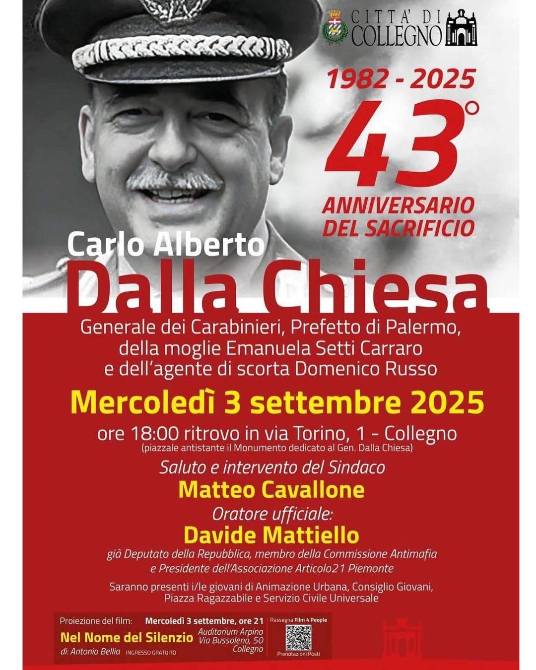 Collegno ricorda il Generale Carlo Alberto Dalla Chiesa: memoria e valori per il futuro Collegno ricorda il Generale Carlo Alberto Dalla Chiesa: memoria e valori per il futuro